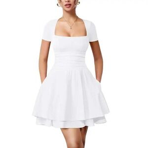 OYS White Ruched Square Neck Mini Dress Size M NWT Fairy Balletcore